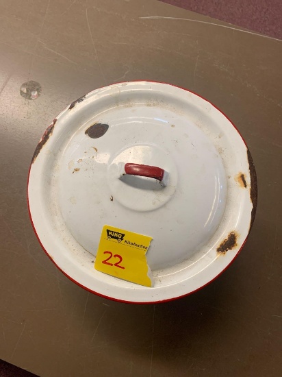 Enamel ware pot, a little less than 8 inches tall