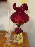 Cranberry shade 19in T lamp & glass candlesticks