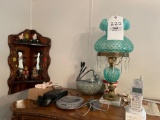 Hobnail blue lamp, corner shelf with mirror, misc.
