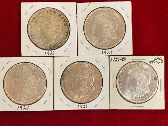 (5) Morgan silver dollars, AU. Bid times five.