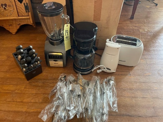 Oster blender, Toastmaster coffee maker, toaster, can opener, knife set, stainless silverware set