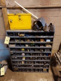 Metal Hardware Cabinet and Contents, Welding Helmet, Metal Bin, and shoes
