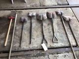 flat shovels, sledge hammer, rake