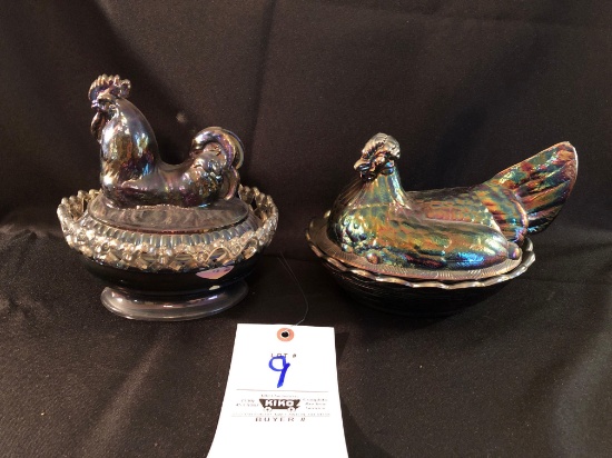carnival glass covered rooster, hen