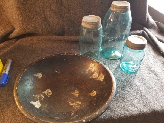 Wooden bowl, 3 blue Mason jars