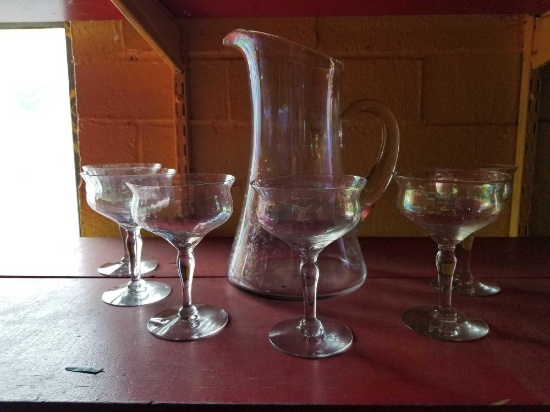 Iridescent pitcher and 6 glasses