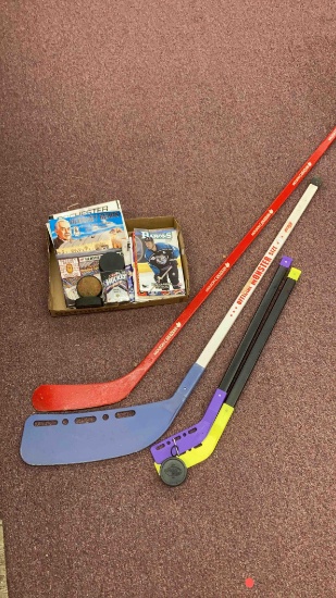 Hockey Items- sticks, cards, pucks, make