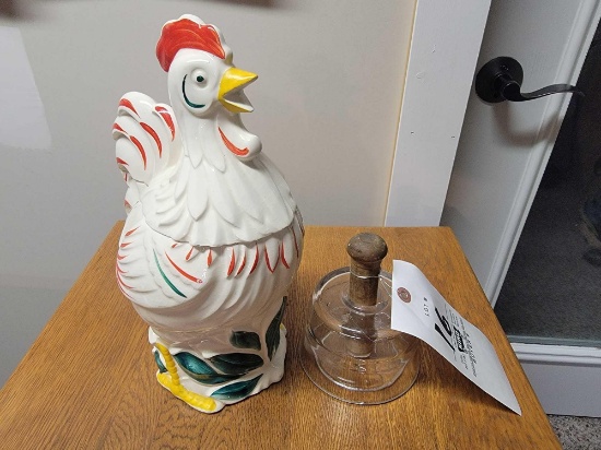 Rooster Cookie Jar, Glass Hamburger Smasher with Cow Stamp