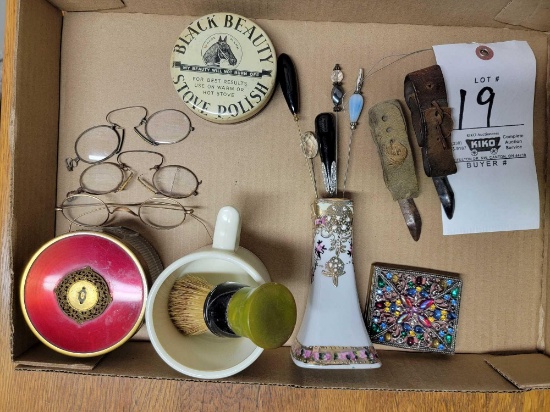 Hat Pins, Corn Shuckers, Shaving Mug, Glasses