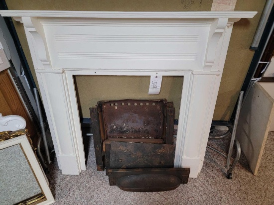 Assorted Vintage Fireplace Insert Parts, Wood Mantle