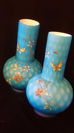 Matched pair of Victorian enameled butterfly glass vases