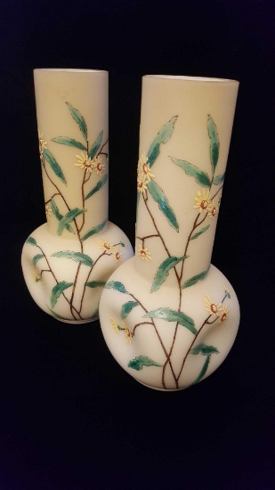 Pair of antique Victorian Bristol enamel glass vases