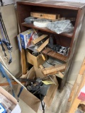 wood clamps, shelf and contents, box of scrap metal pieces