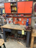 workbench and contents, electric motors, assorted hardware, vise