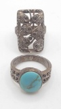 2 sterling rings, one turquoise, one marcasite