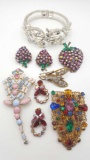 Vintage costume jewelry, rhinestones: pins and bracelet