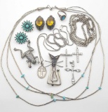 Sterling silver jewelry lot: earrings, pins, crosses, chain, turquoise ring