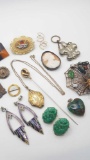 Interesting lot of old jewelry: locket, cameo, inlay pin, earrings