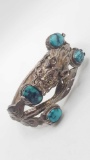 Amazing old Chinese sterling silver & turquoise dragon hinged bangle bracelet