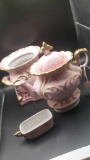 Complete vintage pink tea pot, base and candle tray