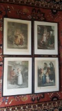 SET of 4, Old hand colored etchings / prints, signed