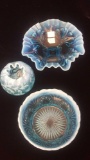 Antique / vintage opalescent blue bowls and vase