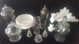 Old clear and milk glass lot, apothocary jars