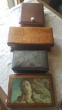 4 old boxes: one tiger maple, one tin