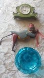 Old tin monkey toy, blue bowl, Westclox clock