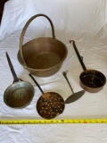 Brass & iron ladles & pail.