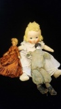3 older dolls: one cloth musical, one antique china, one folk art