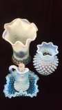 4pcs vintage blue opal hobnail glass: vases, bowl, ewer