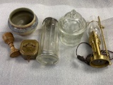 Straw dispenser, glass jar, brass lamp, signed 2003 pottery bowl