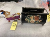 Toleware magazine holder, hand painted Iron lady in tub.