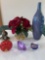 (3) Art glass paperweights, glass vase w/ artificial roses, China figurine
