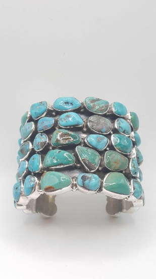 VERY WIDE vintage turquoise and sterling silver cuff bracelet