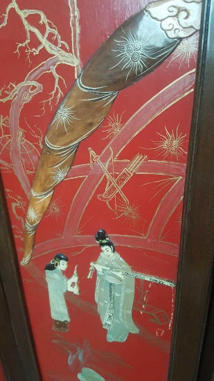 Vintage Chinese 4 panel screen, red lacquer and inlaid human figures