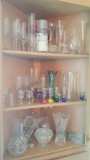 3 shelves of vintage glass/crystal: stems, vases, pitcher