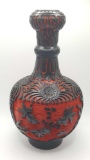 Very fine vintage Chinese black on red Cinnabar lacquer koi fish vase