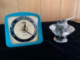 Apollo windup alarm clock, Robson glass & metal lighter.