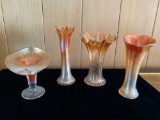 (4) Carnival glass vases, tallest is 8.5 