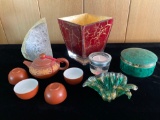 Asian signed teapot w/ (4) cups, Frederick Cooper jar, Murano leaf dish,