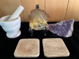 Mortar & pestal, hand painted lion on cut agate, geode, (2) stone coasters.