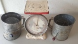 Old kitchen scale and 2 flour sifters