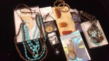 Costume jewelry lot: necklaces, beads, earrings, big stone ring