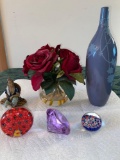 (3) Art glass paperweights, glass vase w/ artificial roses, China figurine