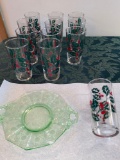 (12) Holiday glasses, depression floral acid etched saucer.
