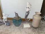 (2) Mermaid figurines, glass vase, glass jar w/ fishtail lid.