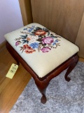 Queen Anne style bench w/ needlepoint floral seat.