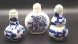 Group of 3 blue and white porcelain Chinese snuff bottles